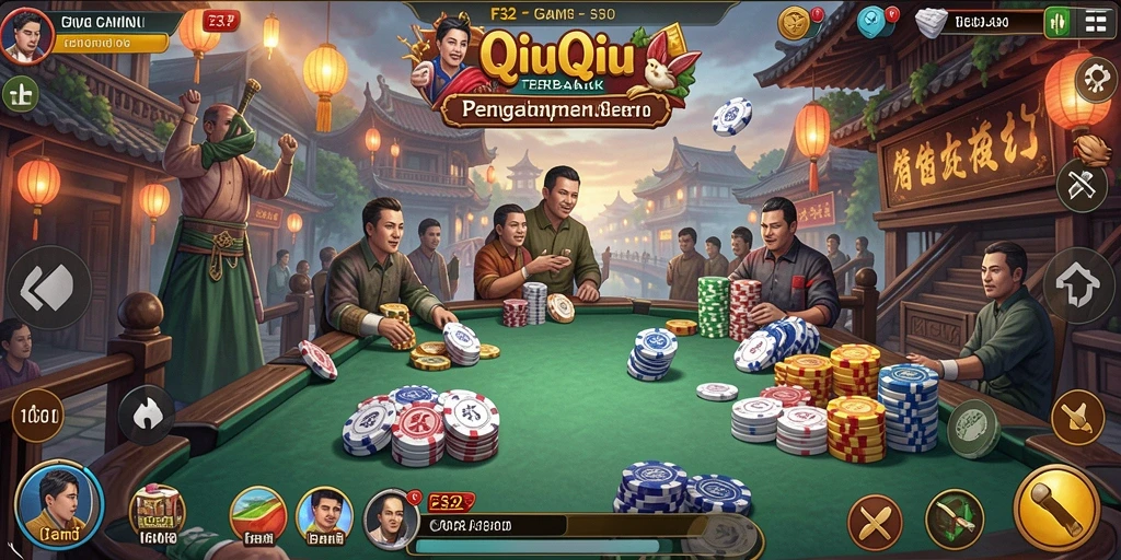 Screenshot utama F32 menunjukkan gameplay QiuQiu yang seru dan interaktif.