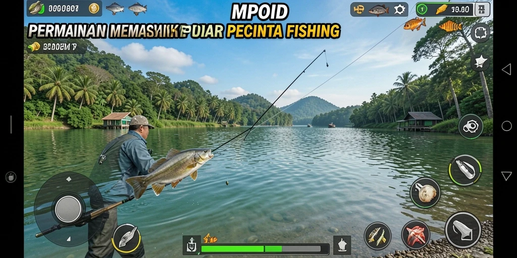 Screenshot utama MPOID menampilkan pemain sedang menangkap ikan besar di laut yang indah.